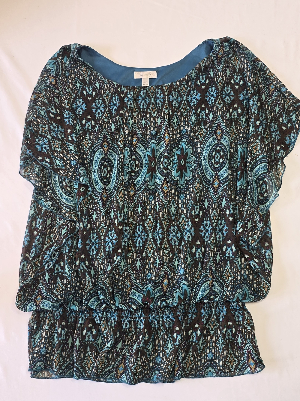 Dressbarn Paisley Flutter Sleeve Blouse Teal Brown Size 18/20